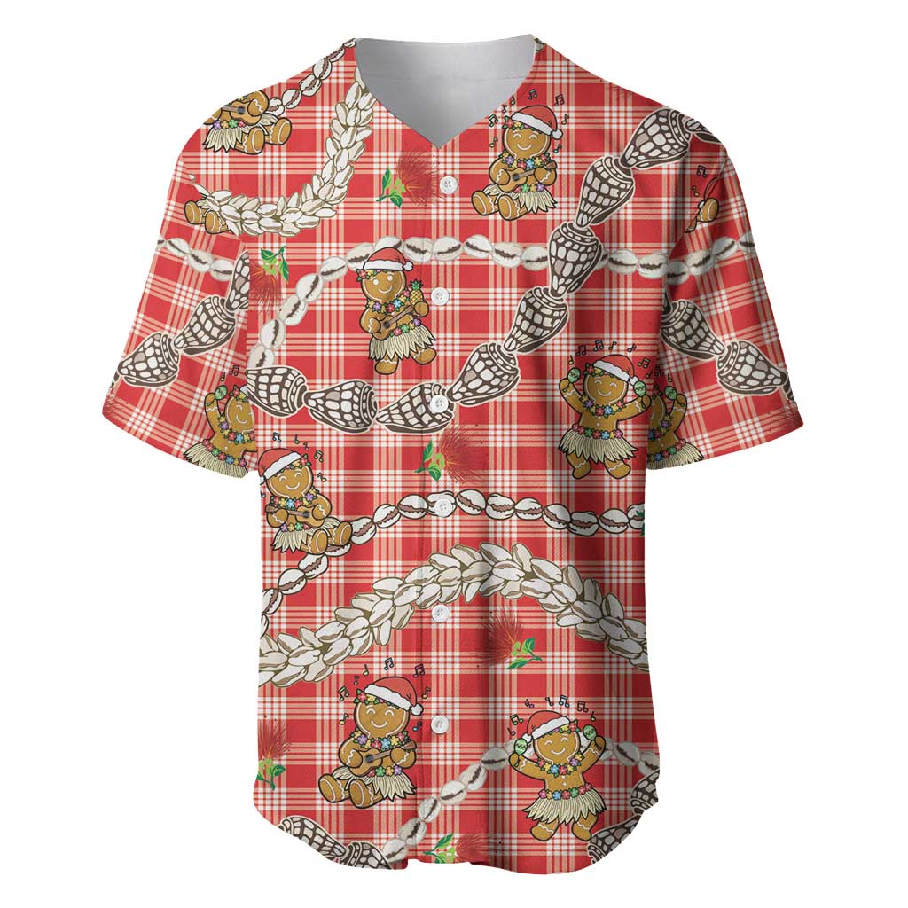 Red Palaka Hawaii Mele Kalikimaka Baseball Jersey Ohia Lehua Shell Leis Funny Gingerbread Santa LT14 Red - Polynesian Pride
