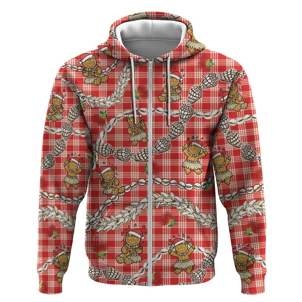 Red Palaka Hawaii Mele Kalikimaka Hoodie Ohia Lehua Shell Leis Funny Gingerbread Santa LT14 Zip Hoodie Red - Polynesian Pride