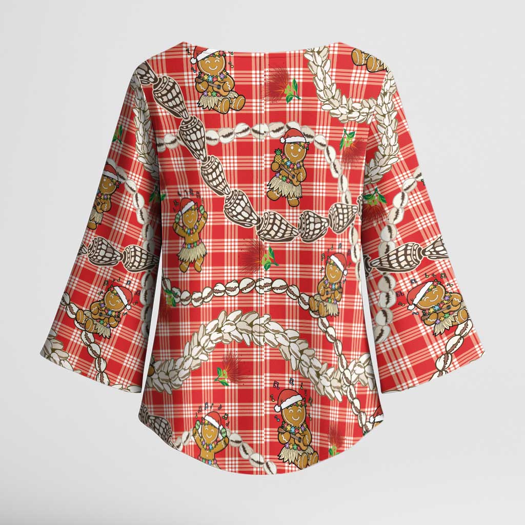Red Palaka Hawaii Mele Kalikimaka Kimono Sleeve Blouse Ohia Lehua Shell Leis Funny Gingerbread Santa LT14 - Polynesian Pride