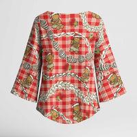 Red Palaka Hawaii Mele Kalikimaka Kimono Sleeve Blouse Ohia Lehua Shell Leis Funny Gingerbread Santa LT14 - Polynesian Pride