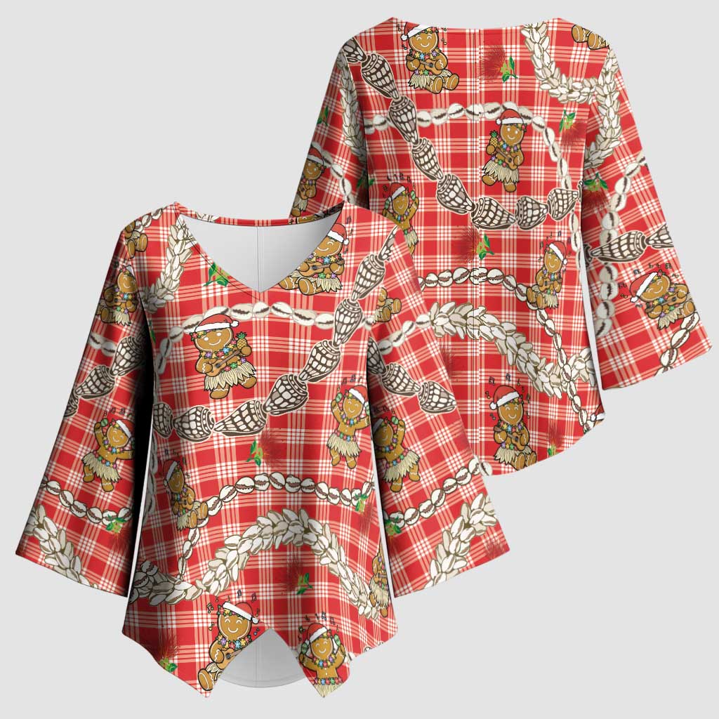 Red Palaka Hawaii Mele Kalikimaka Kimono Sleeve Blouse Ohia Lehua Shell Leis Funny Gingerbread Santa LT14 - Polynesian Pride