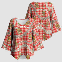 Red Palaka Hawaii Mele Kalikimaka Kimono Sleeve Blouse Ohia Lehua Shell Leis Funny Gingerbread Santa LT14 - Polynesian Pride