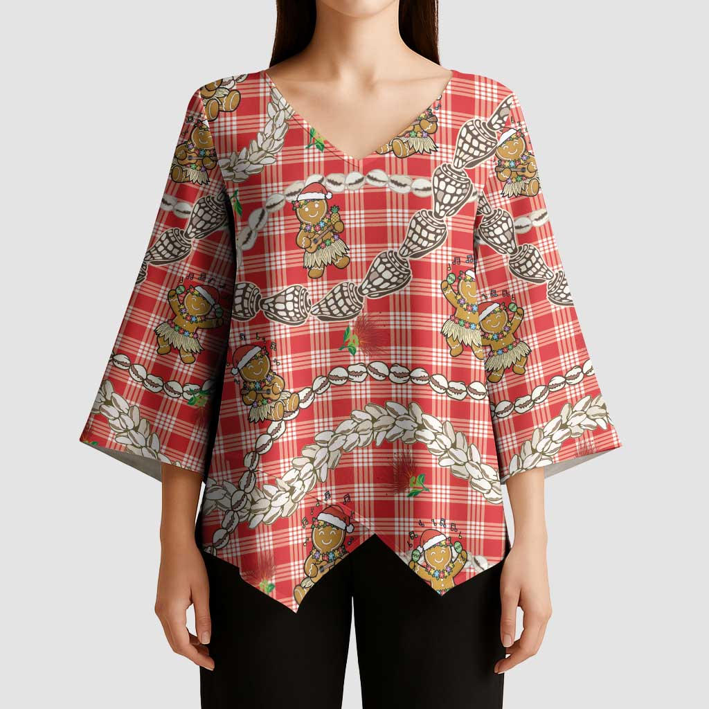 Red Palaka Hawaii Mele Kalikimaka Kimono Sleeve Blouse Ohia Lehua Shell Leis Funny Gingerbread Santa LT14 - Polynesian Pride