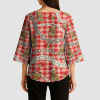 Red Palaka Hawaii Mele Kalikimaka Kimono Sleeve Blouse Ohia Lehua Shell Leis Funny Gingerbread Santa LT14 - Polynesian Pride
