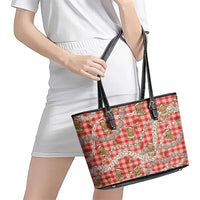 Red Palaka Hawaii Mele Kalikimaka Leather Tote Bag Ohia Lehua Shell Leis Funny Gingerbread Santa LT14 - Polynesian Pride