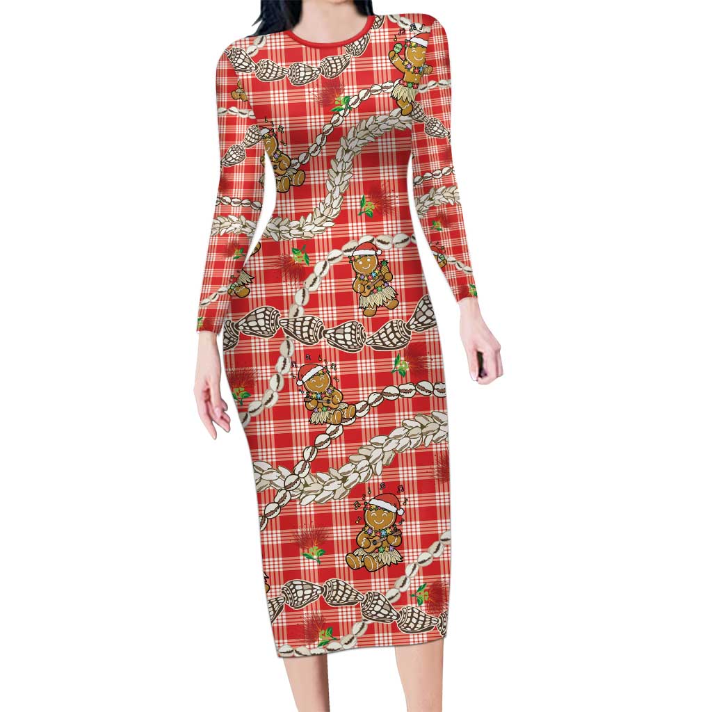 Red Palaka Hawaii Mele Kalikimaka Long Sleeve Bodycon Dress Ohia Lehua Shell Leis Funny Gingerbread Santa LT14 Long Dress Red - Polynesian Pride