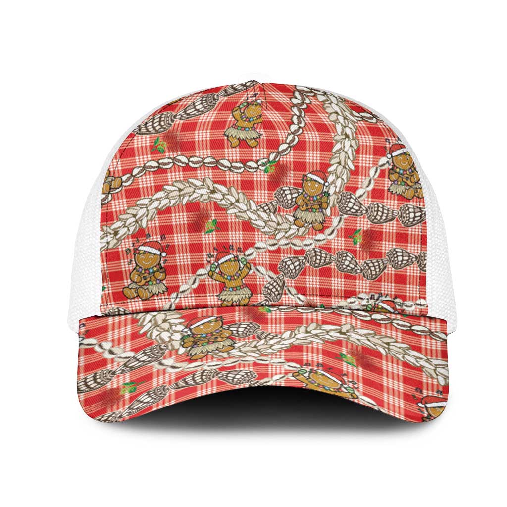 Red Palaka Hawaii Mele Kalikimaka Mesh Trucker Cap Ohia Lehua Shell Leis Funny Gingerbread Santa LT14 One Size White Red - Polynesian Pride
