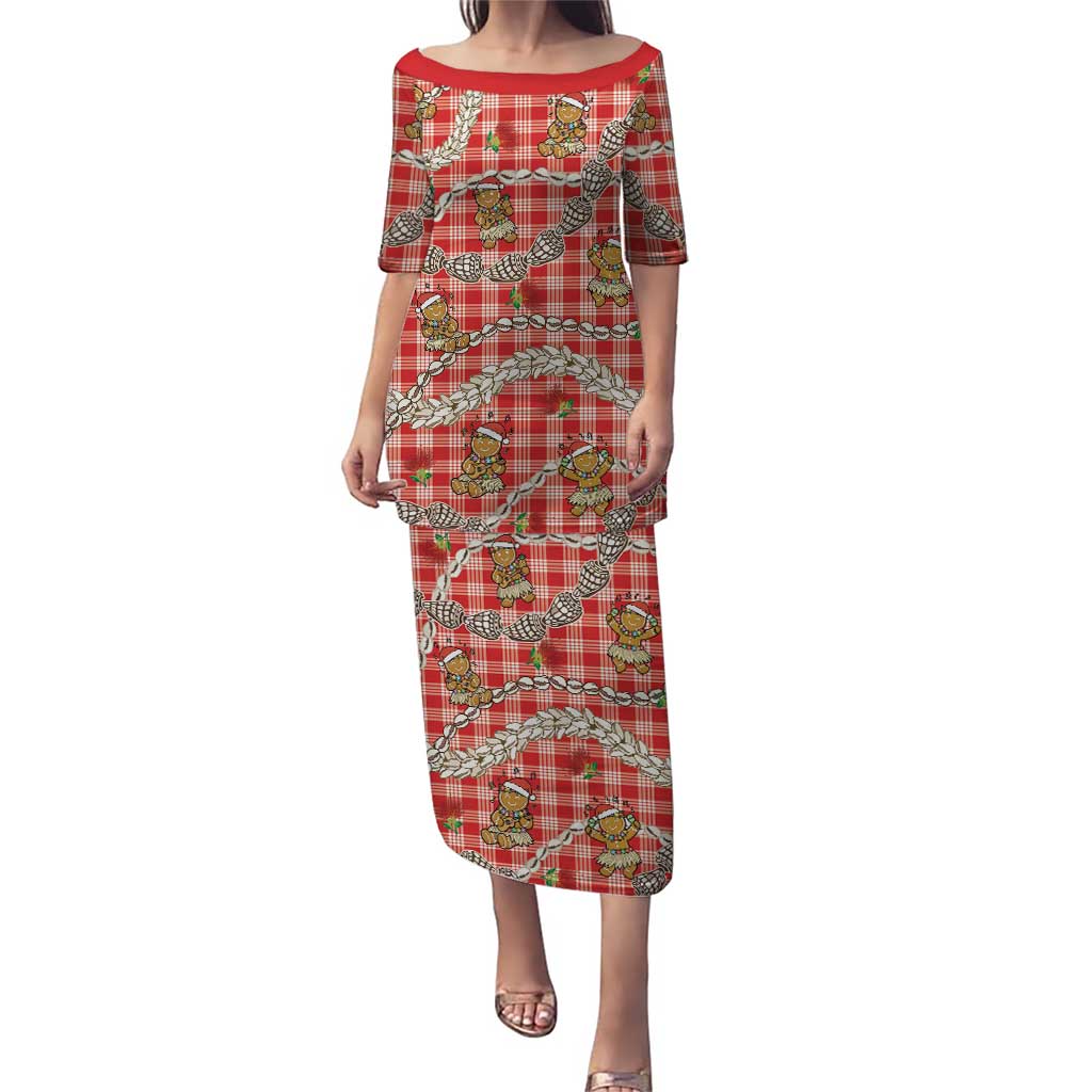 Red Palaka Hawaii Mele Kalikimaka Puletasi Ohia Lehua Shell Leis Funny Gingerbread Santa LT14 Long Dress Red - Polynesian Pride