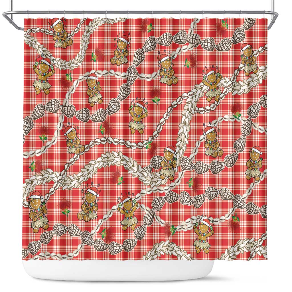 Red Palaka Hawaii Mele Kalikimaka Shower Curtain Ohia Lehua Shell Leis Funny Gingerbread Santa LT14 Red - Polynesian Pride