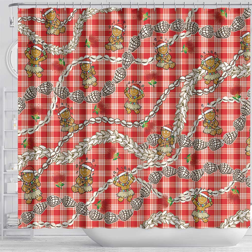 Red Palaka Hawaii Mele Kalikimaka Shower Curtain Ohia Lehua Shell Leis Funny Gingerbread Santa LT14 - Polynesian Pride
