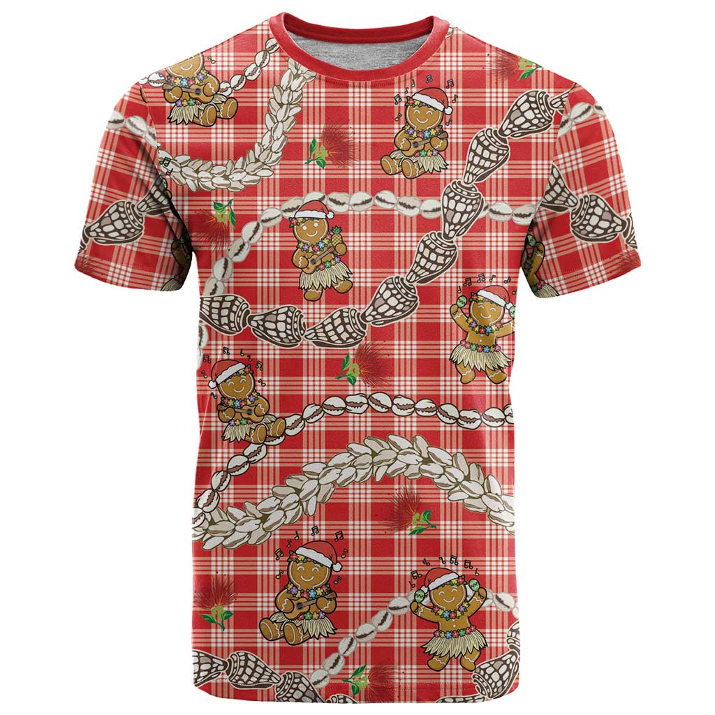 Red Palaka Hawaii Mele Kalikimaka T Shirt Ohia Lehua Shell Leis Funny Gingerbread Santa LT14 Red - Polynesian Pride