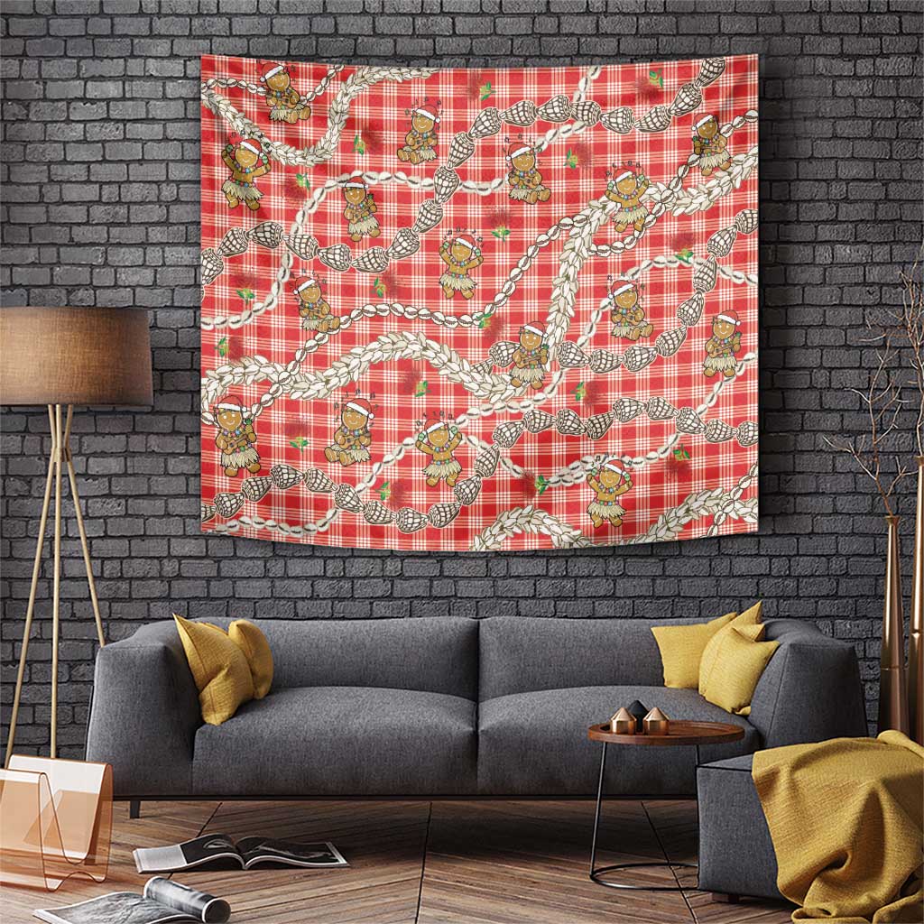 Red Palaka Hawaii Mele Kalikimaka Tapestry Ohia Lehua Shell Leis Funny Gingerbread Santa LT14 Red - Polynesian Pride