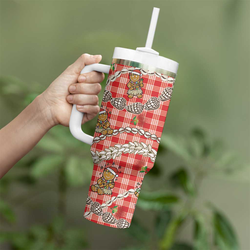 Red Palaka Hawaii Mele Kalikimaka Tumbler With Handle Ohia Lehua Shell Leis Funny Gingerbread Santa LT14 - Polynesian Pride