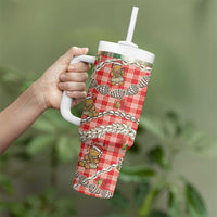 Red Palaka Hawaii Mele Kalikimaka Tumbler With Handle Ohia Lehua Shell Leis Funny Gingerbread Santa LT14 - Polynesian Pride
