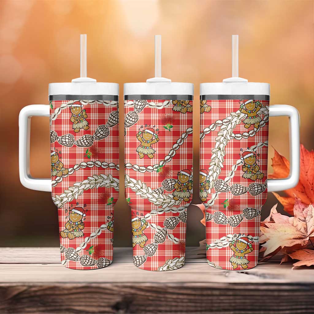 Red Palaka Hawaii Mele Kalikimaka Tumbler With Handle Ohia Lehua Shell Leis Funny Gingerbread Santa LT14 - Polynesian Pride