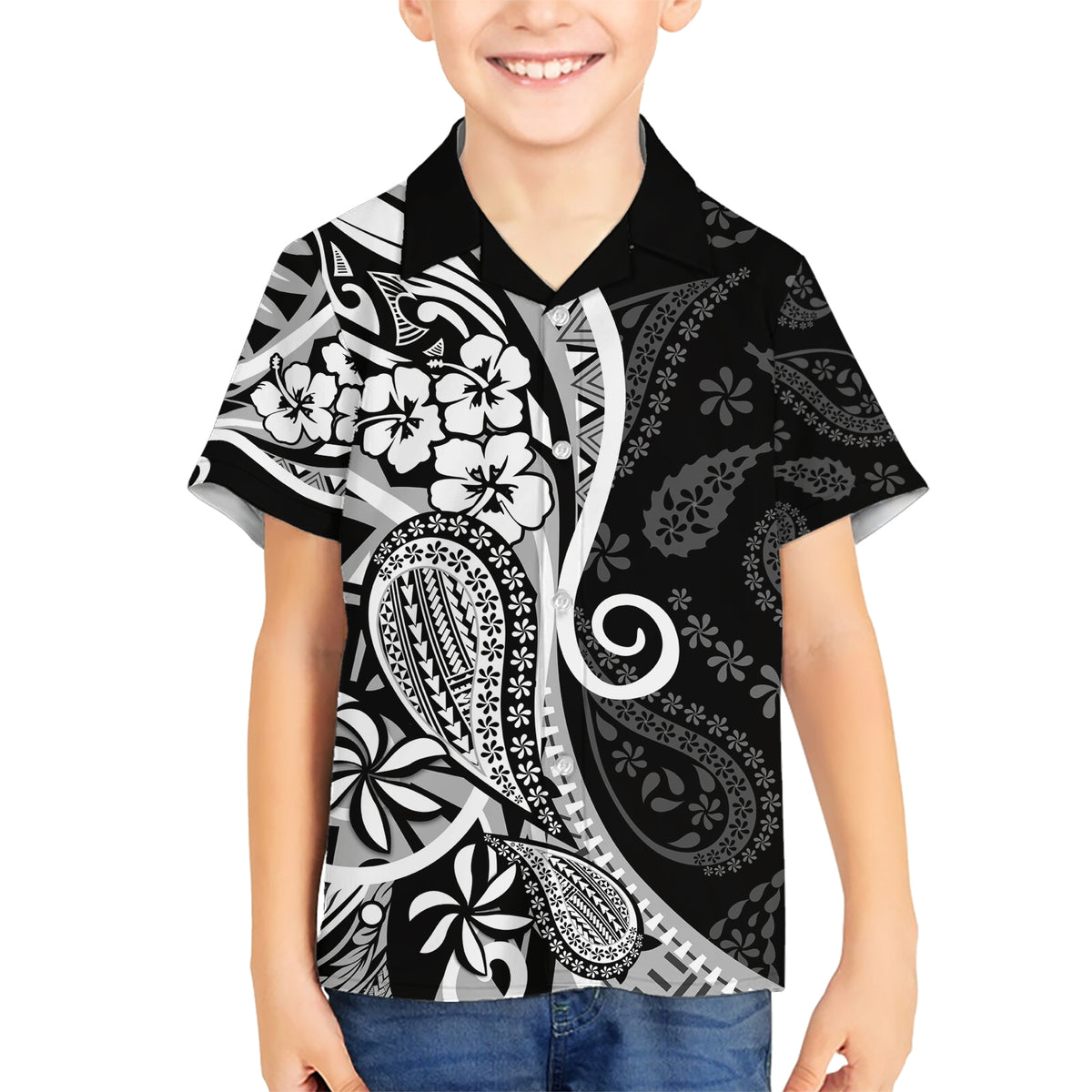 Black Polynesia Paisley Kid Hawaiian Shirt Polynesian With Tropical Flowers LT14 Kid Black - Polynesian Pride