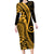 Gold Polynesia Paisley Family Matching Long Sleeve Bodycon Dress and Hawaiian Shirt Polynesian With Tropical Flowers LT14 Mom's Dress Gold - Polynesian Pride