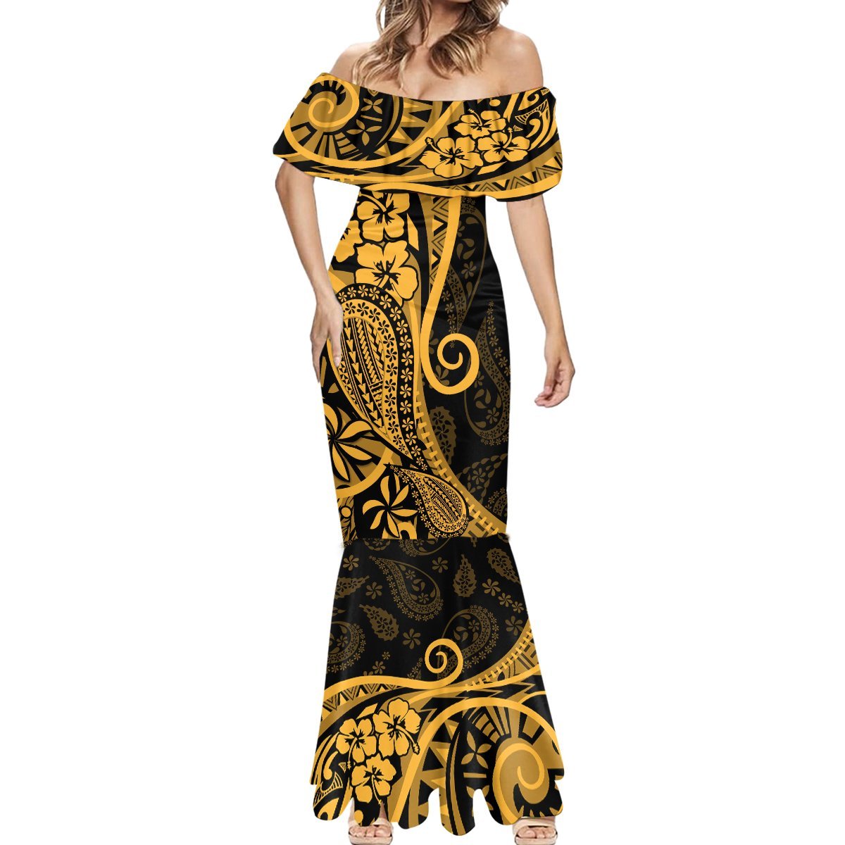 Gold Polynesia Paisley Mermaid Dress Polynesian With Tropical Flowers LT14 - Polynesian Pride