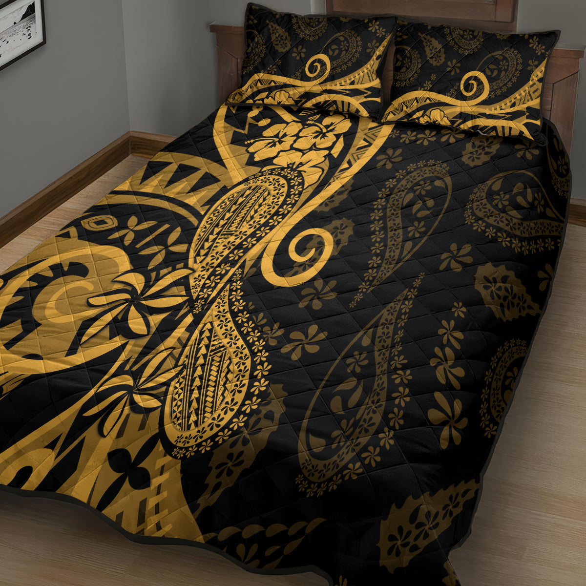 Gold Polynesia Paisley Quilt Bed Set Polynesian With Tropical Flowers LT14 - Polynesian Pride