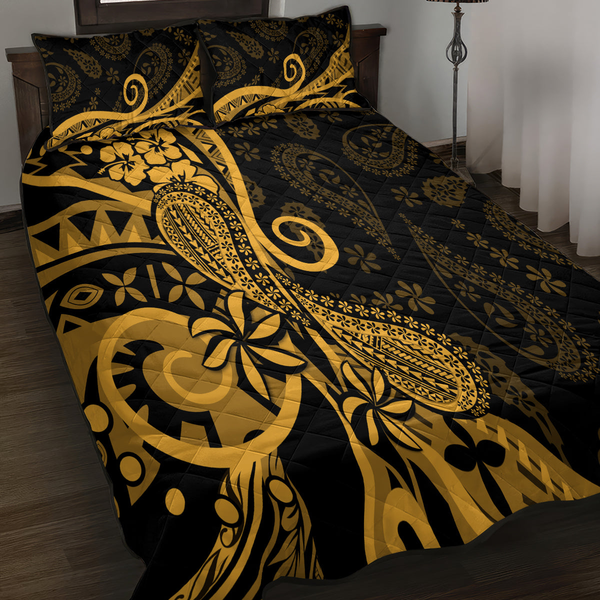 Gold Polynesia Paisley Quilt Bed Set Polynesian With Tropical Flowers LT14 - Polynesian Pride