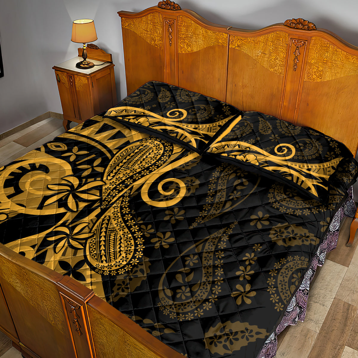 Gold Polynesia Paisley Quilt Bed Set Polynesian With Tropical Flowers LT14 - Polynesian Pride