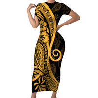 Gold Polynesia Paisley Short Sleeve Bodycon Dress Polynesian With Tropical Flowers LT14 Long Dress Gold - Polynesian Pride
