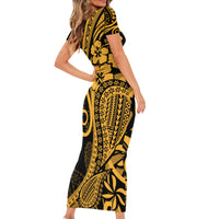 Gold Polynesia Paisley Short Sleeve Bodycon Dress Polynesian With Tropical Flowers LT14 - Polynesian Pride