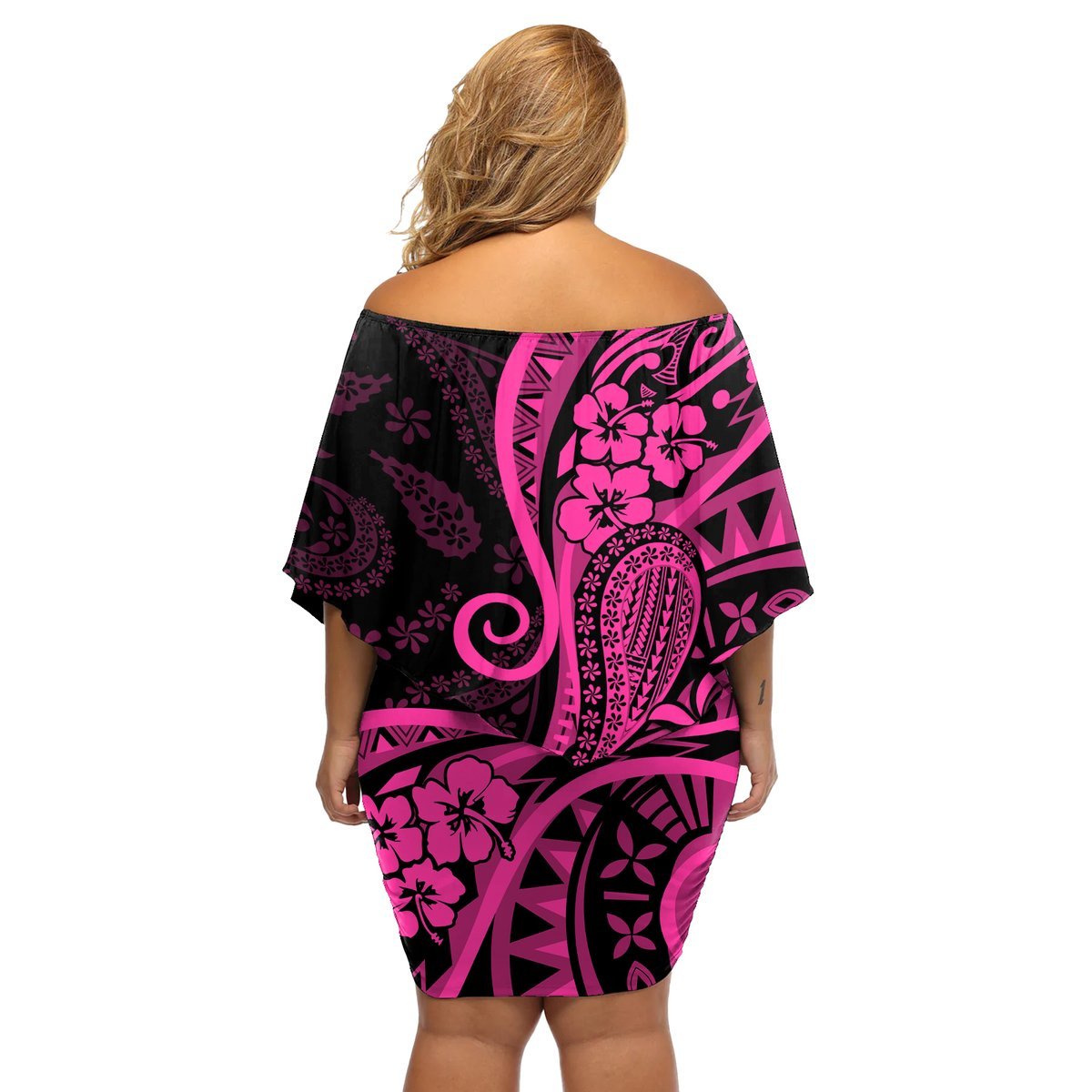 Pink Polynesia Paisley Off Shoulder Short Dress Polynesian With Tropical Flowers LT14 - Polynesian Pride