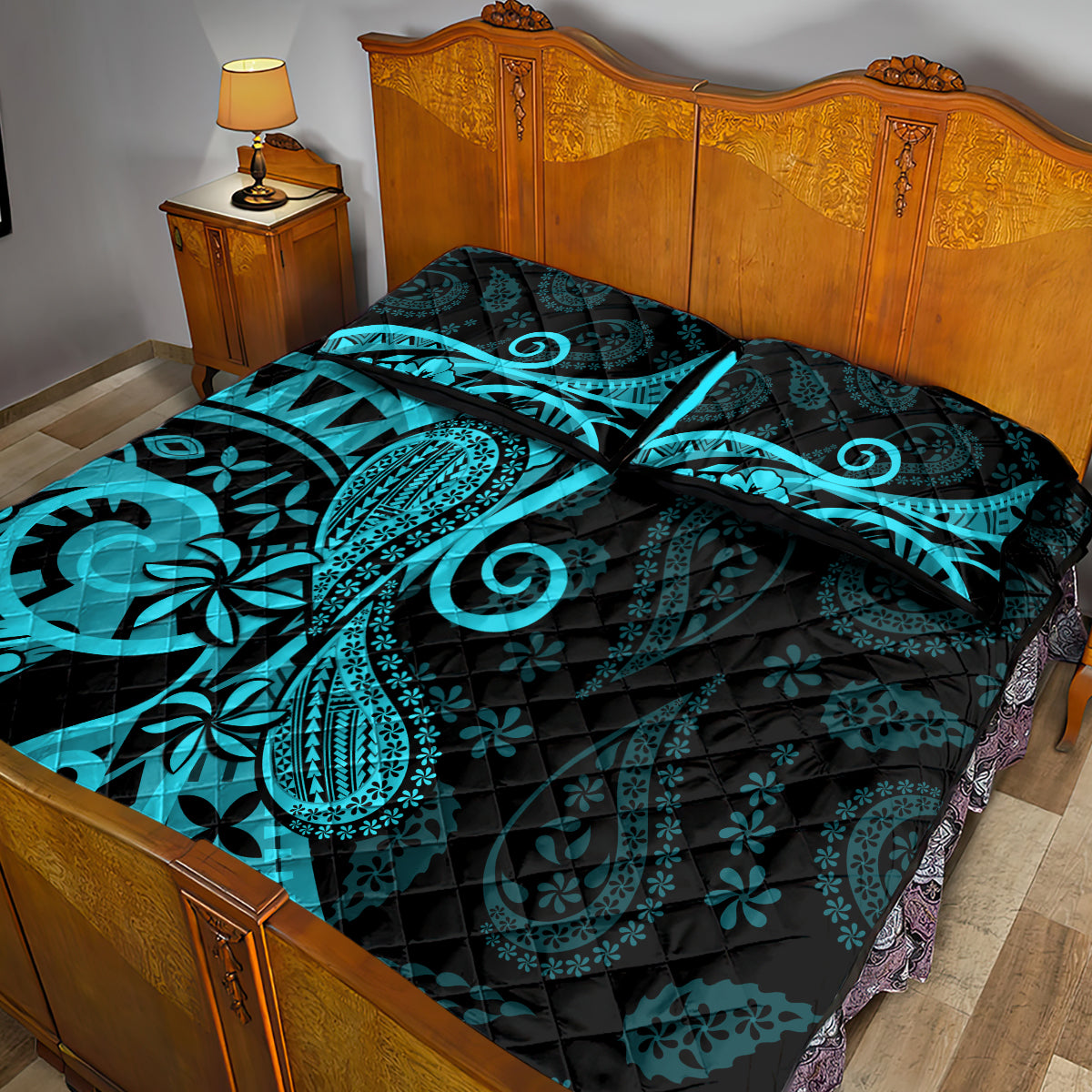 Polynesia Paisley Quilt Bed Set Polynesian With Tropical Flowers - Turquoise LT14 - Polynesian Pride