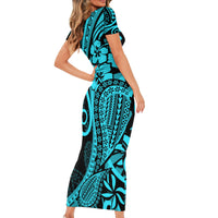 Polynesia Paisley Short Sleeve Bodycon Dress Polynesian With Tropical Flowers - Turquoise LT14 - Polynesian Pride