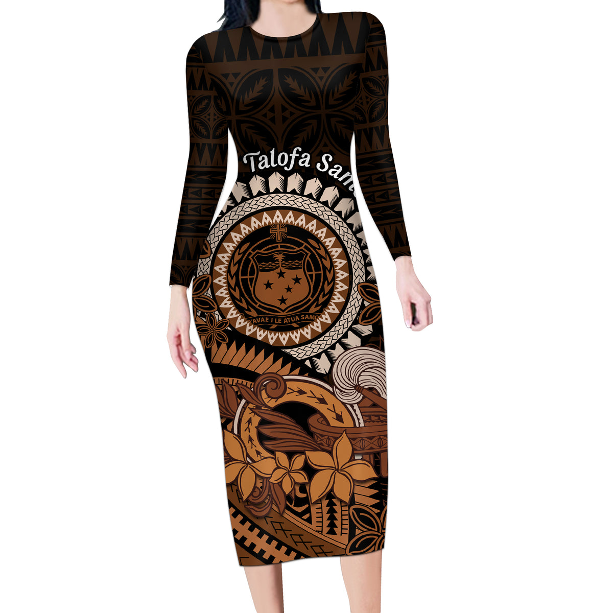Talofa Samoa Long Sleeve Bodycon Dress Samoan Kava Bowl Siapo Pattern - Brown LT14 Long Dress Brown - Polynesian Pride
