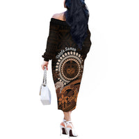 Talofa Samoa Off The Shoulder Long Sleeve Dress Samoan Kava Bowl Siapo Pattern - Brown LT14 - Polynesian Pride