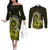 Lime Green Talofa Samoa Couples Matching Off The Shoulder Long Sleeve Dress and Long Sleeve Button Shirt Samoan Kava Bowl Siapo Pattern LT14 Lime Green - Polynesian Pride