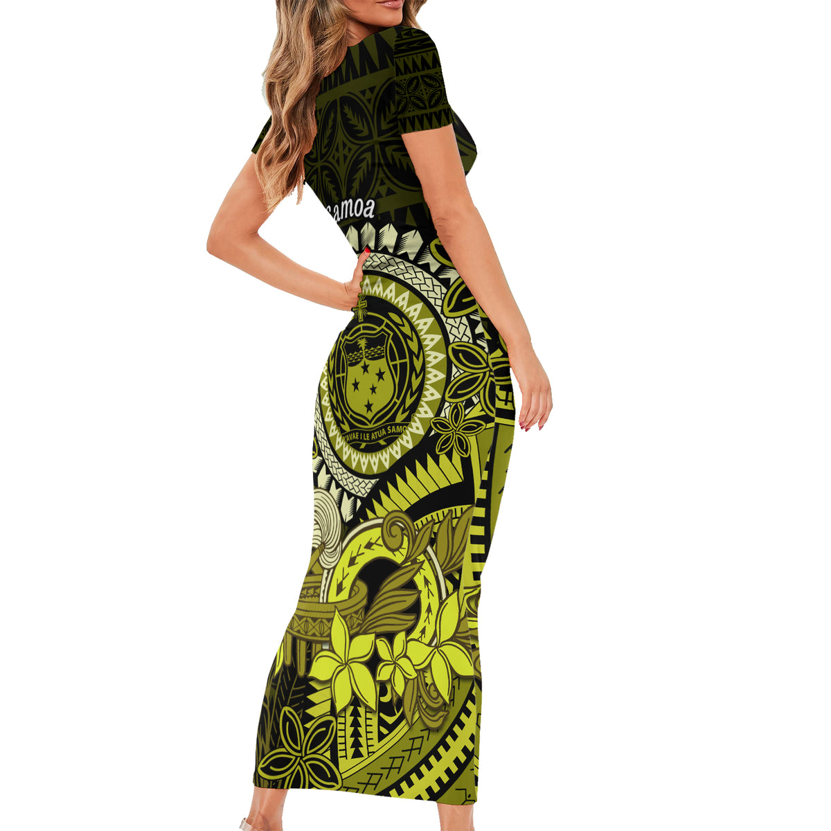 Lime Green Talofa Samoa Short Sleeve Bodycon Dress Samoan Kava Bowl Si -  Polynesian Pride