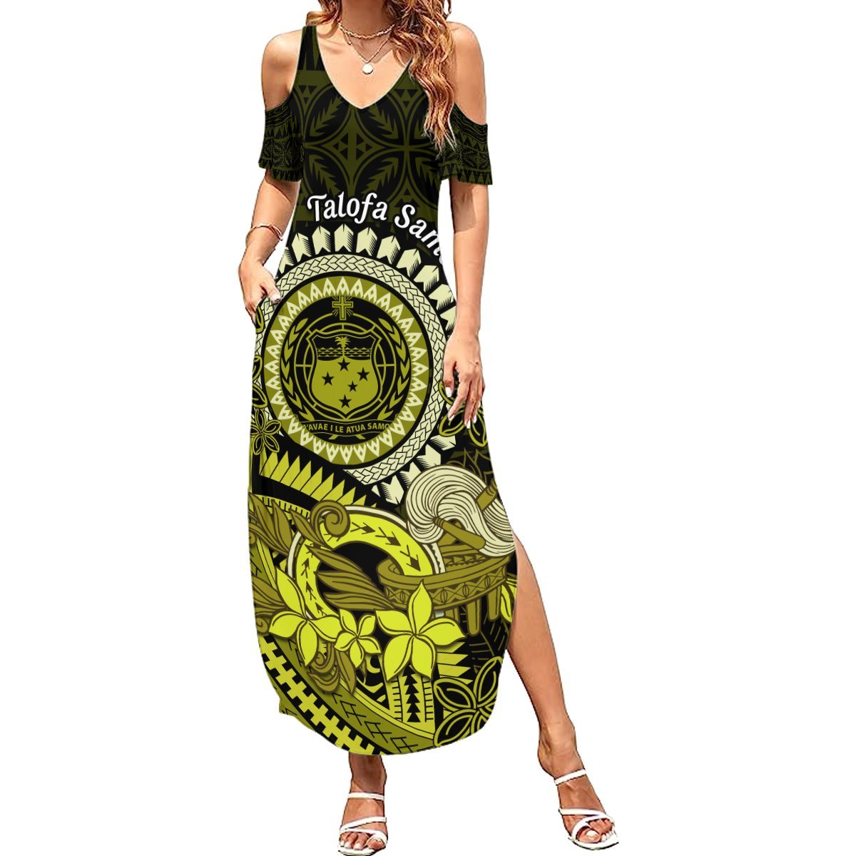 Lime Green Talofa Samoa Summer Maxi Dress Samoan Kava Bowl Siapo Pattern LT14 Women Lime Green - Polynesian Pride