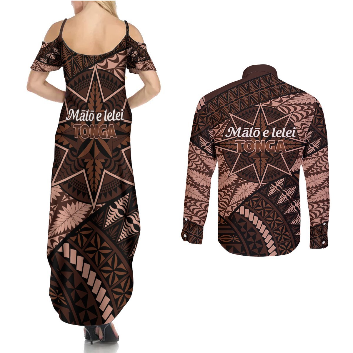Malo e lelei Tonga Couples Matching Summer Maxi Dress and Long Sleeve Button Shirt Tongan Ngatu Pattern Vintage Vibes LT14 - Polynesian Pride