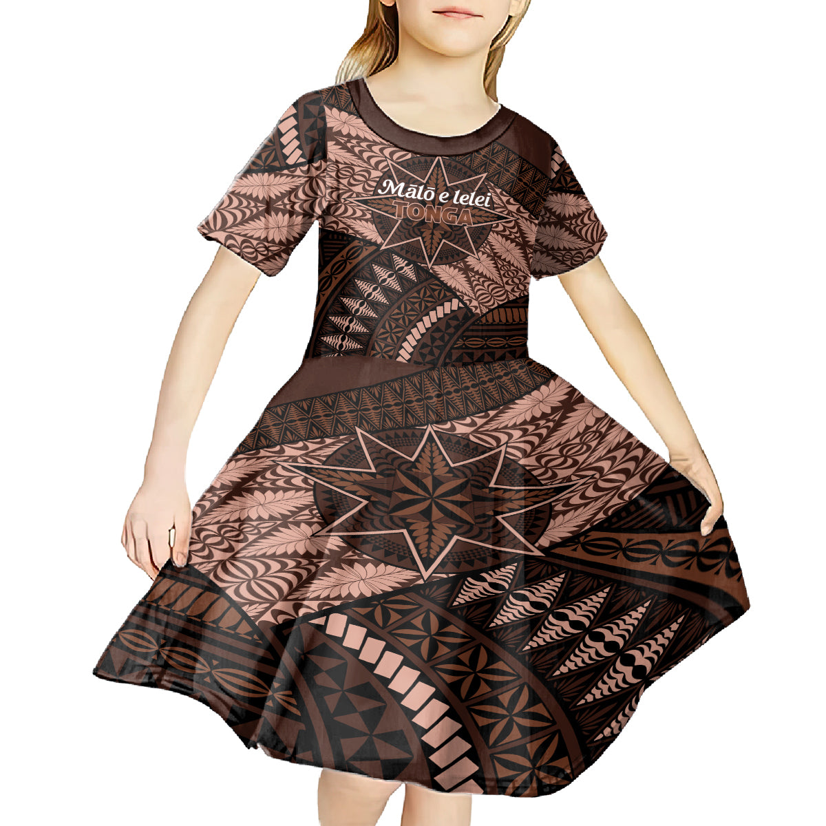 Malo e lelei Tonga Kid Short Sleeve Dress Tongan Ngatu Pattern Vintage Vibes LT14 - Polynesian Pride