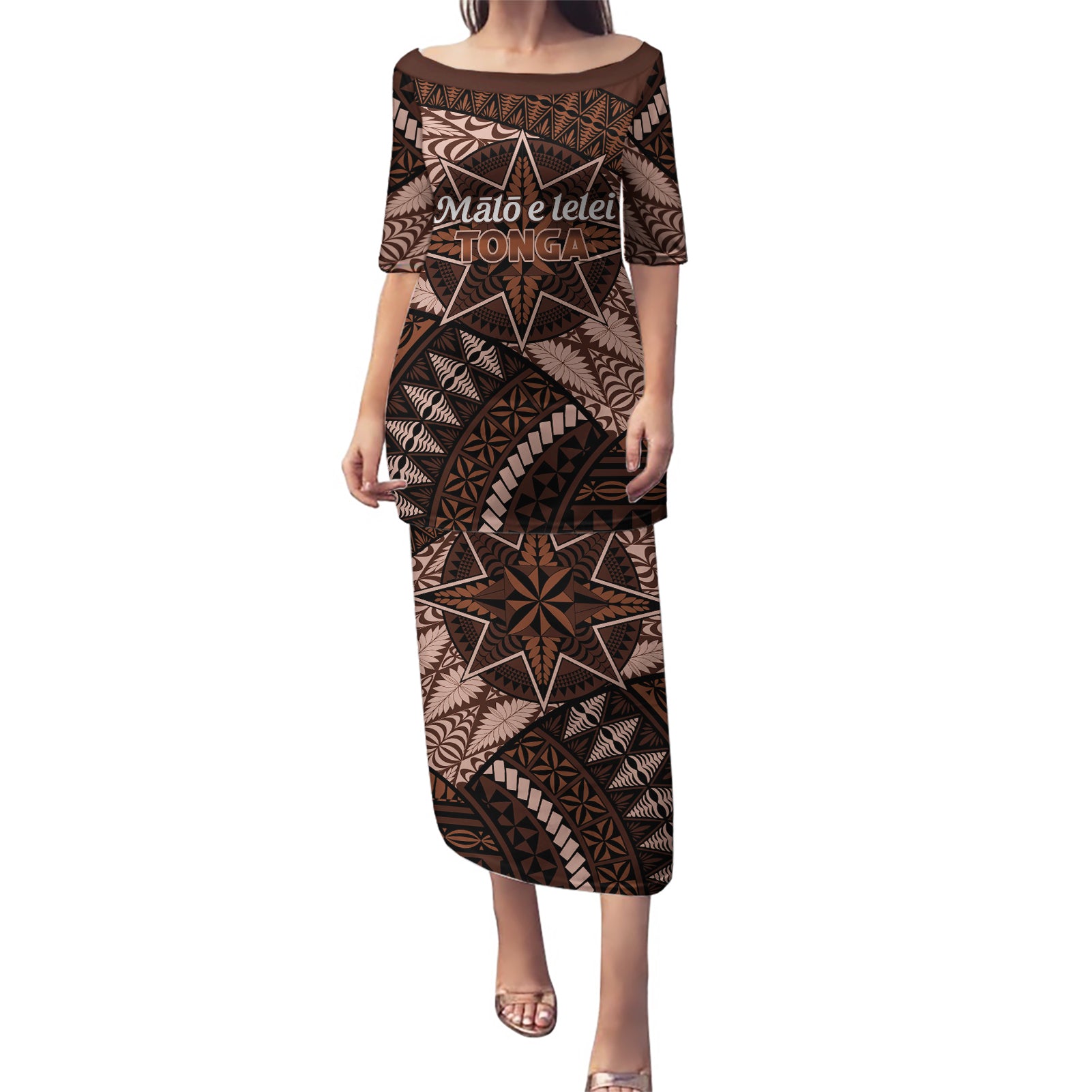 Malo e lelei Tonga Puletasi Tongan Ngatu Pattern Vintage Vibes LT14 Long Dress Brown - Polynesian Pride