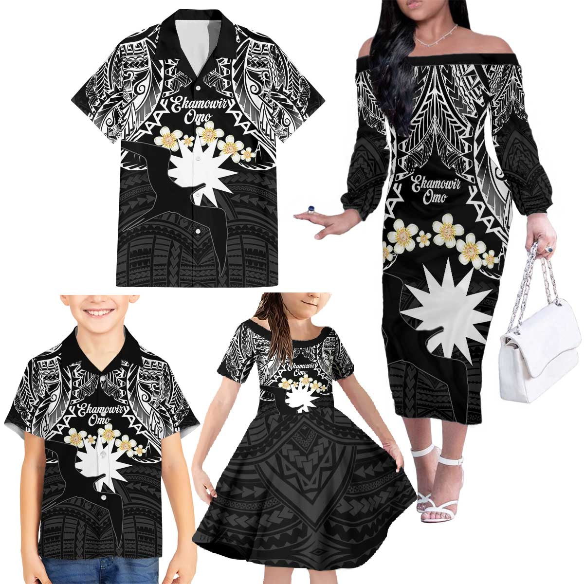 Ekamowir Omo Nauru Family Matching Off The Shoulder Long Sleeve Dress and Hawaiian Shirt Naoero Twelve-pointed Star Polynesian Tattoo