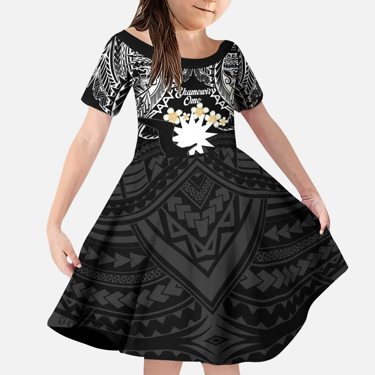 Ekamowir Omo Nauru Kid Short Sleeve Dress Naoero Twelve-pointed Star Polynesian Tattoo LT14 KID Black - Polynesian Pride
