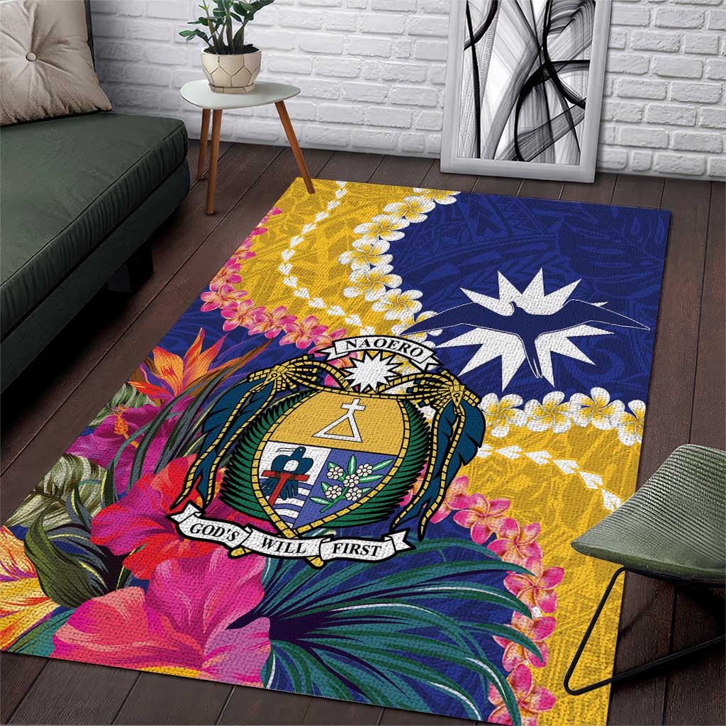 Nauru Independence Day Area Rug Coat Of Arms With Tropical Flowers LT14 Blue - Polynesian Pride