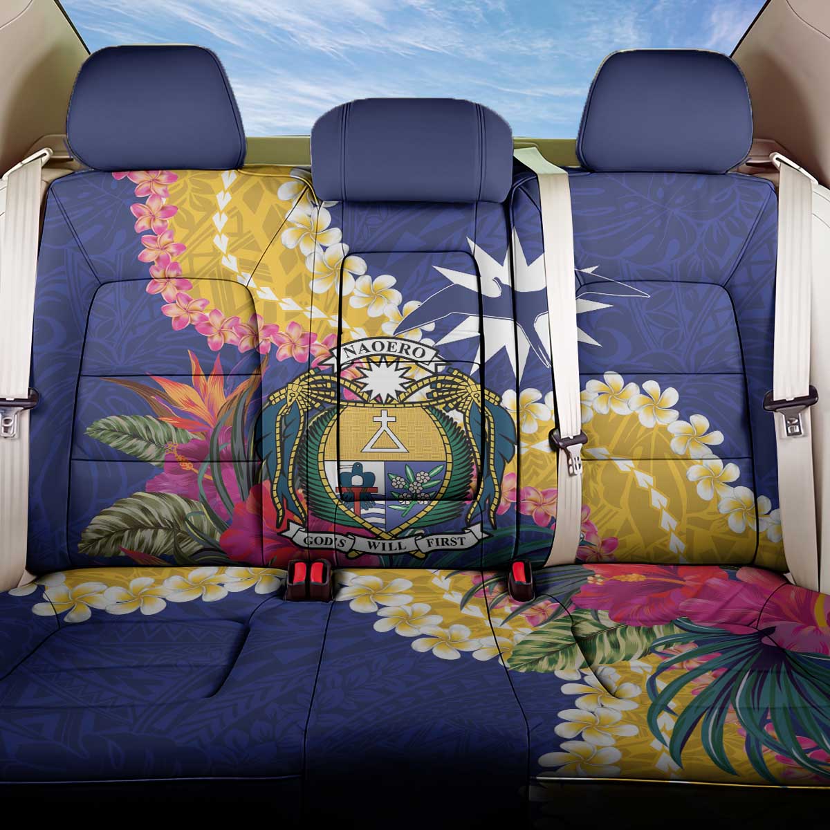 Nauru Independence Day Back Car Seat Cover Coat Of Arms With Tropical Flowers LT14 One Size Blue - Polynesian Pride