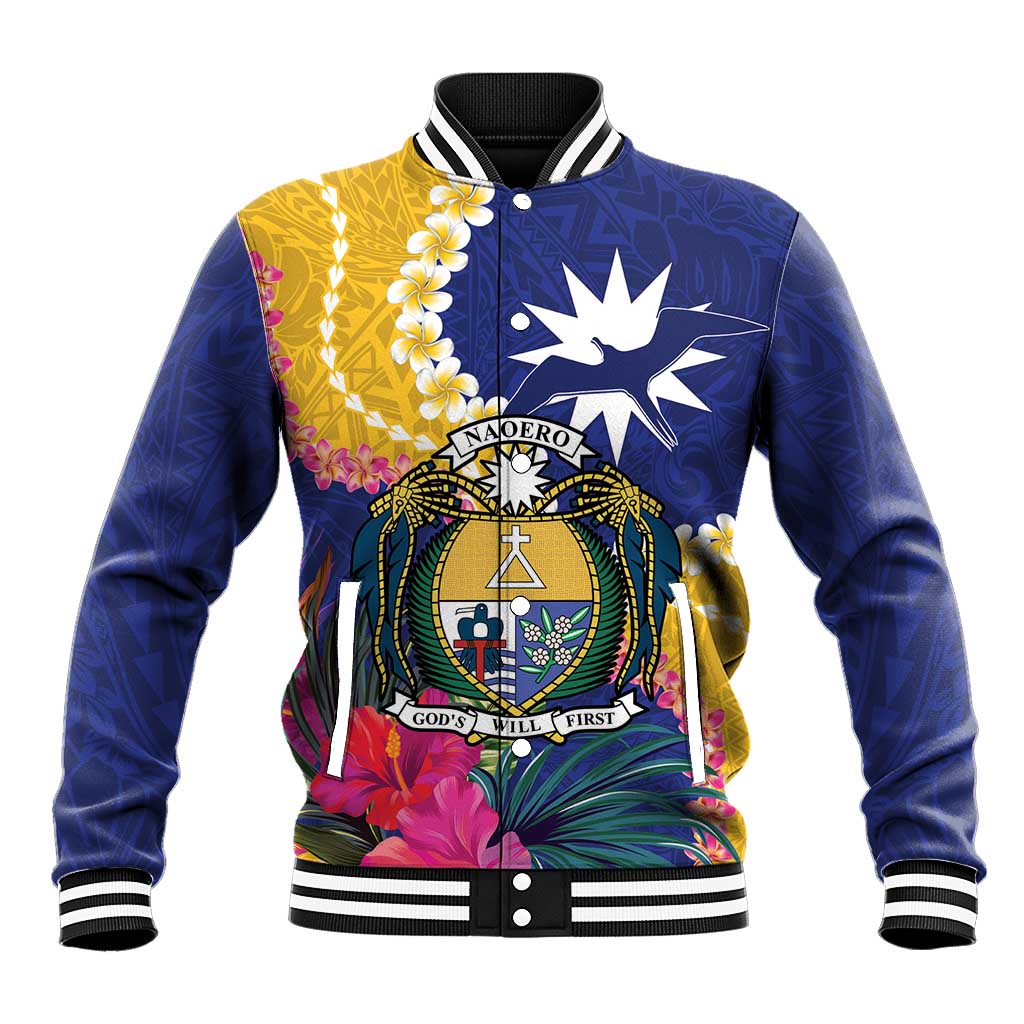 Nauru Independence Day Baseball Jacket Coat Of Arms With Tropical Flowers LT14 Unisex Blue - Polynesian Pride