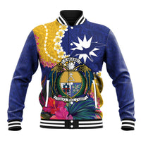 Nauru Independence Day Baseball Jacket Coat Of Arms With Tropical Flowers LT14 Unisex Blue - Polynesian Pride