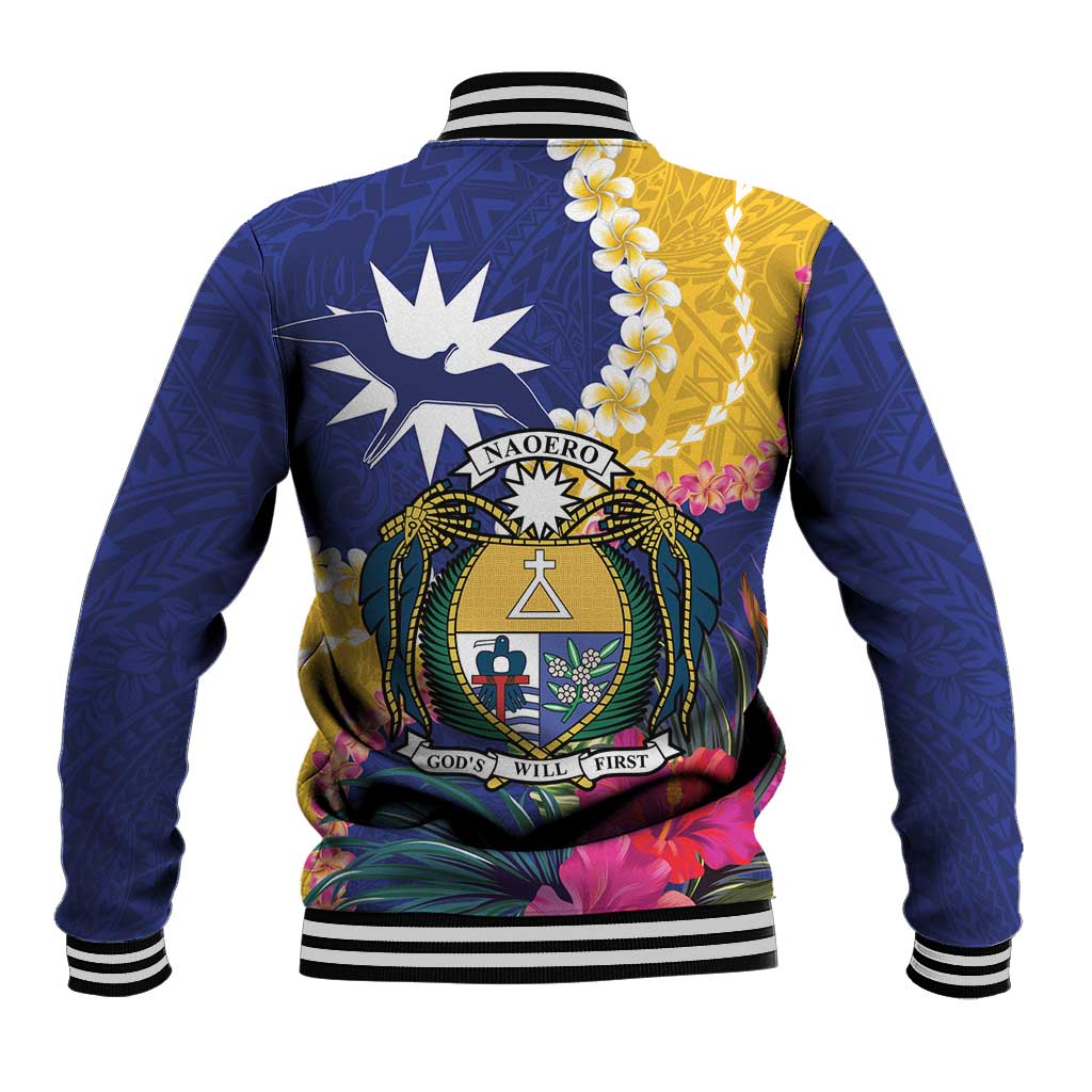 Nauru Independence Day Baseball Jacket Coat Of Arms With Tropical Flowers LT14 - Polynesian Pride