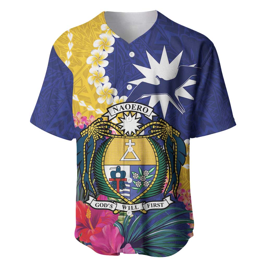 Nauru Independence Day Baseball Jersey Coat Of Arms With Tropical Flowers LT14 Blue - Polynesian Pride