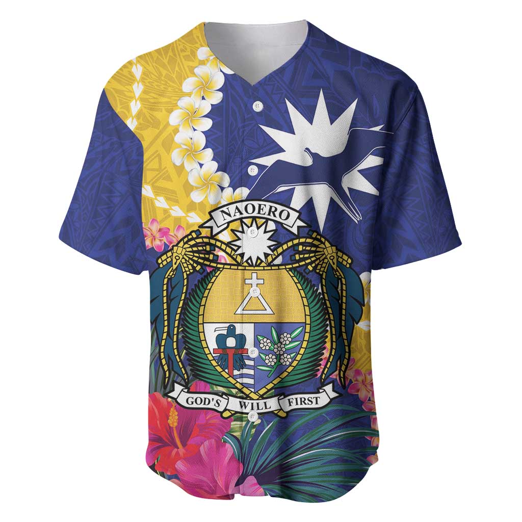 Nauru Independence Day Baseball Jersey Coat Of Arms With Tropical Flowers