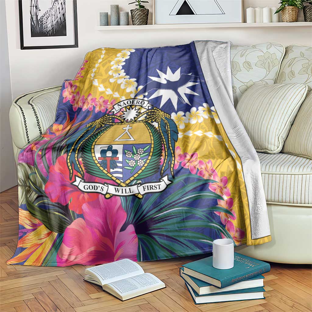 Nauru Independence Day Blanket Coat Of Arms With Tropical Flowers LT14 Blue - Polynesian Pride