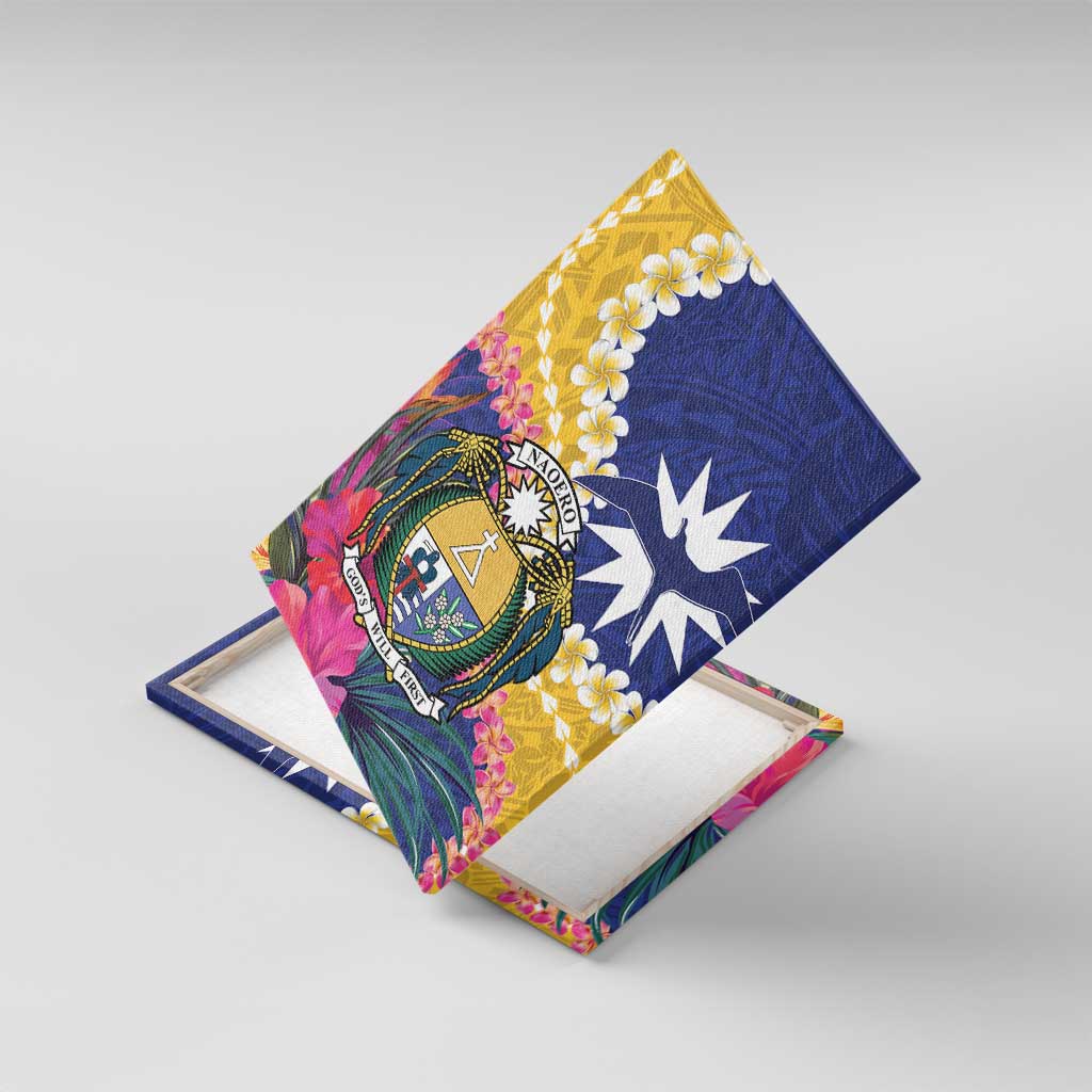 Nauru Independence Day Canvas Wall Art Coat Of Arms With Tropical Flowers LT14 With Frame Blue - Polynesian Pride