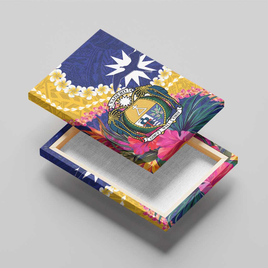 Nauru Independence Day Canvas Wall Art Coat Of Arms With Tropical Flowers LT14 - Polynesian Pride